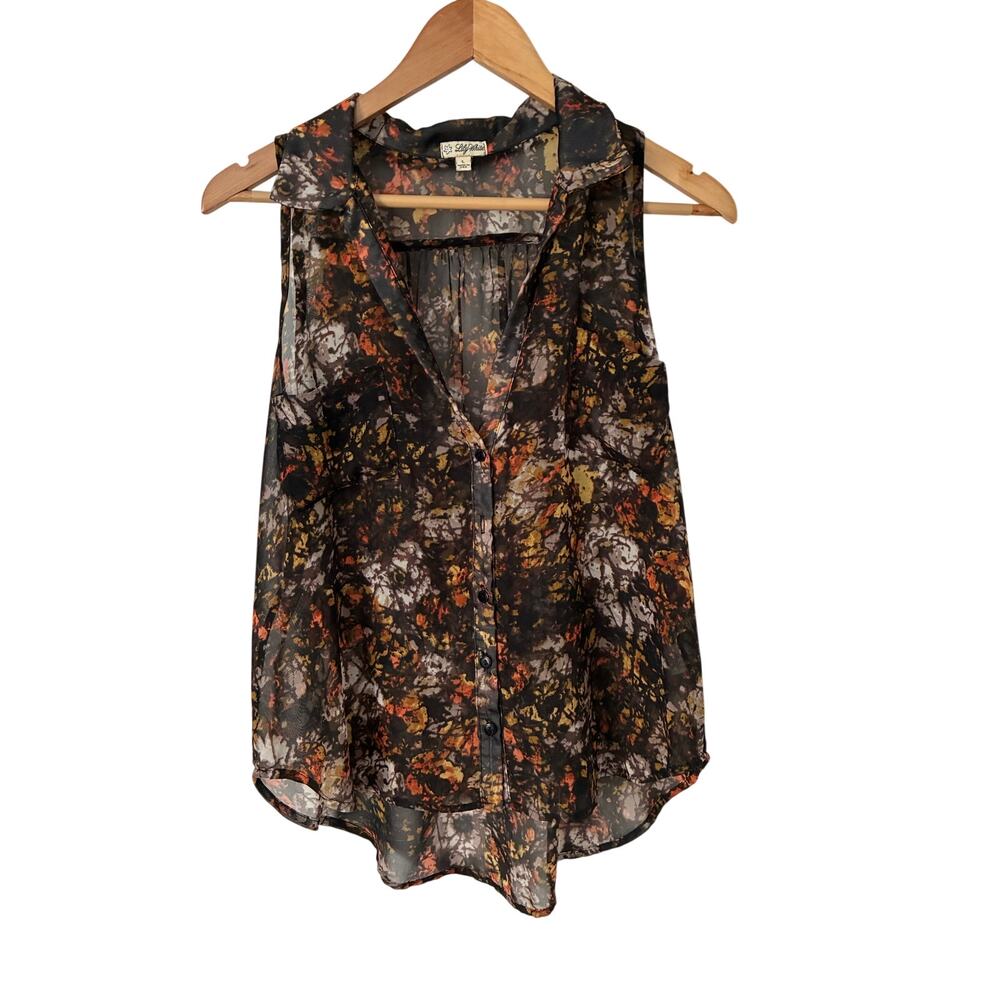 Lily White Fall Graphic Print Sheer Sleeveless Button w/Collar Blouse Size L